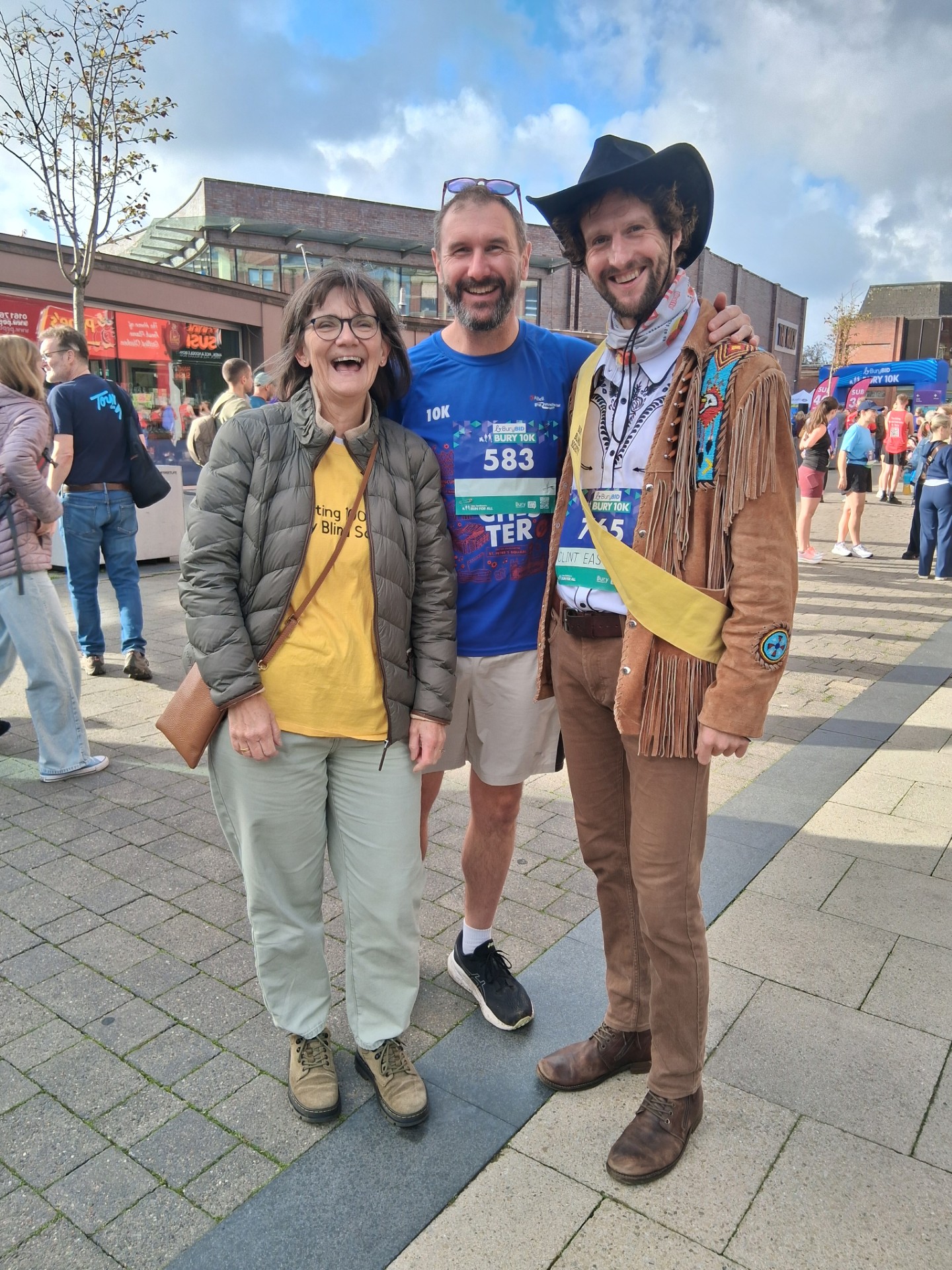 Michael and Jill: Michael, dressed in his cowboy outfit, stands alongside Jill Logan befor the Bury 10K.